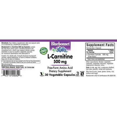 l carnitine bluebonnet Bluebonnet L-Carnitine 500 Mg 30 Vegetable Capsules, Free Form Amino Acid
