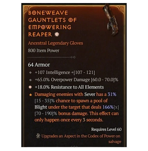 Diablo 4 S8 Boneweave Gauntlets Of Empowering Reaper 1GA Legendary Gloves Gear