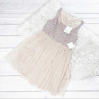 ASOS Maya Petite Sequin Square Neck Mini Prom Skater Dress in Taupe Blush 8 8P