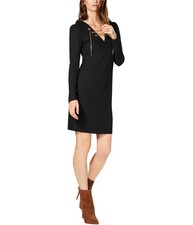 Michael Kors Womens Ribbed Lace-Up Sweater Dress, Black, Petite, PXS