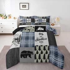 Retro Cabin Rustic Comforter Set For Bedroom Decor, Farmhouse Lodge Bear Quil...