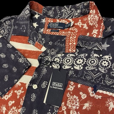 Polo Ralph Lauren Patchwork American Flag Bandana Camp Shirt Size 2XL