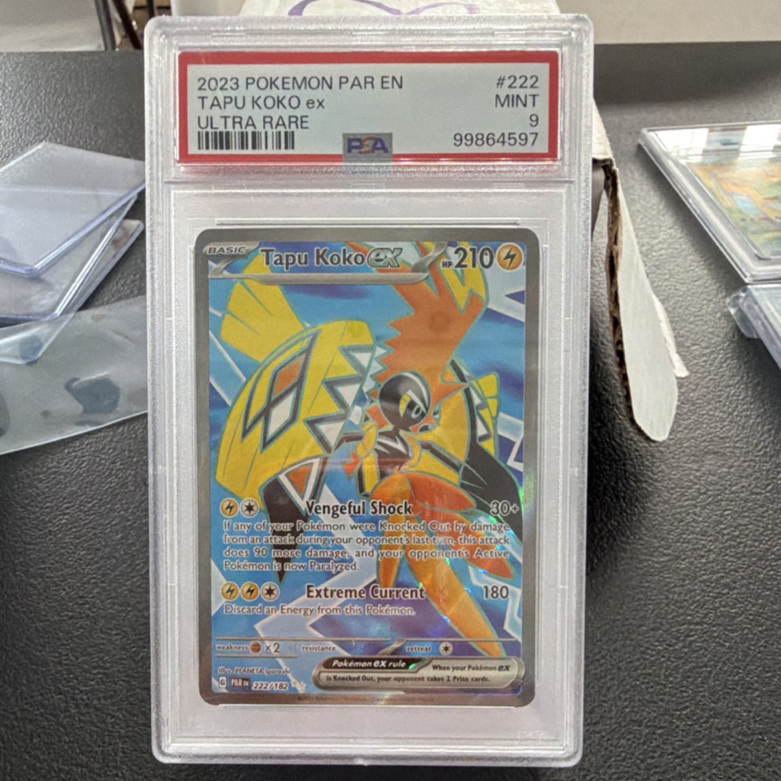 Pokémon TCG 2023 SV04 Paradox Rift Tapu Koko ex 222/182 Holo PSA 9