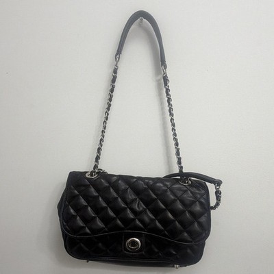 Black Solid Rectangle Shoulder Bag Chain Strap Turn Lock Silver Hardware Small