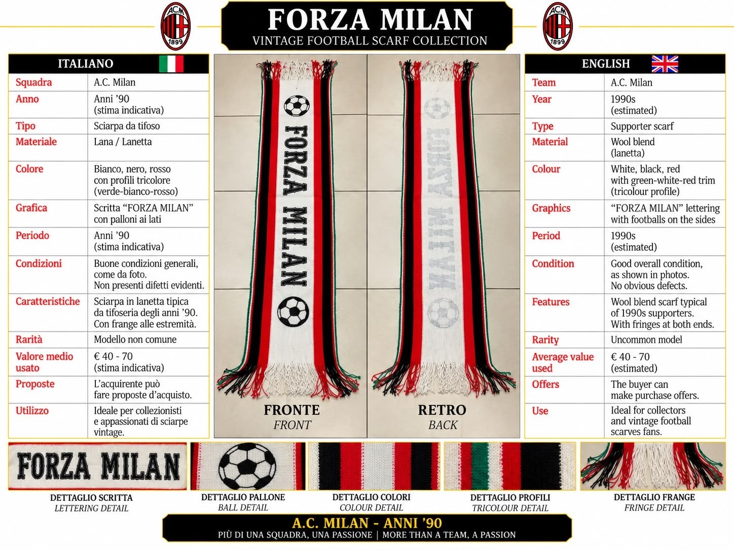Seb140 Milan Wool Scarf “Forza Milan” 1988 Vintage
