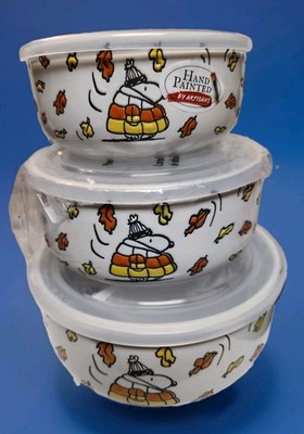 Peanuts Snoopy Puffer Jacket Fall 3 Piece Bowl Set W/Vented Lids 