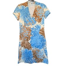 J. McLaughlin Ivana Shift Dress XS Blue Brown Floral V-Neck Short Sleeve Stretch