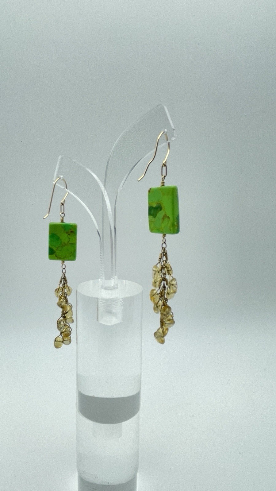 Green Stone Look Rectangle Dangle Earrings Yellow… - image 3