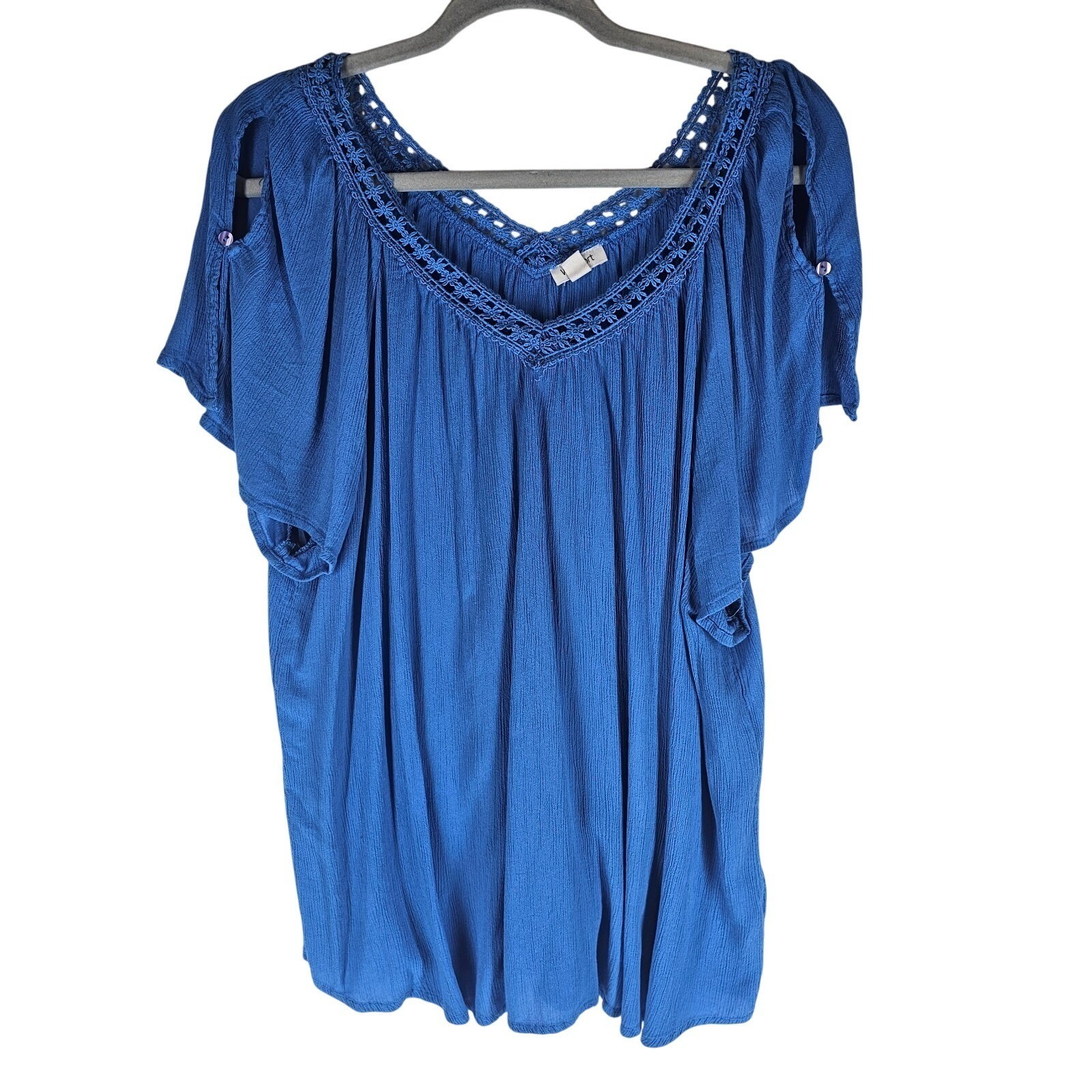Womens 3X Top Plus Size Pullover Lace Crochet Tunic blouse Blue Short Sleeve