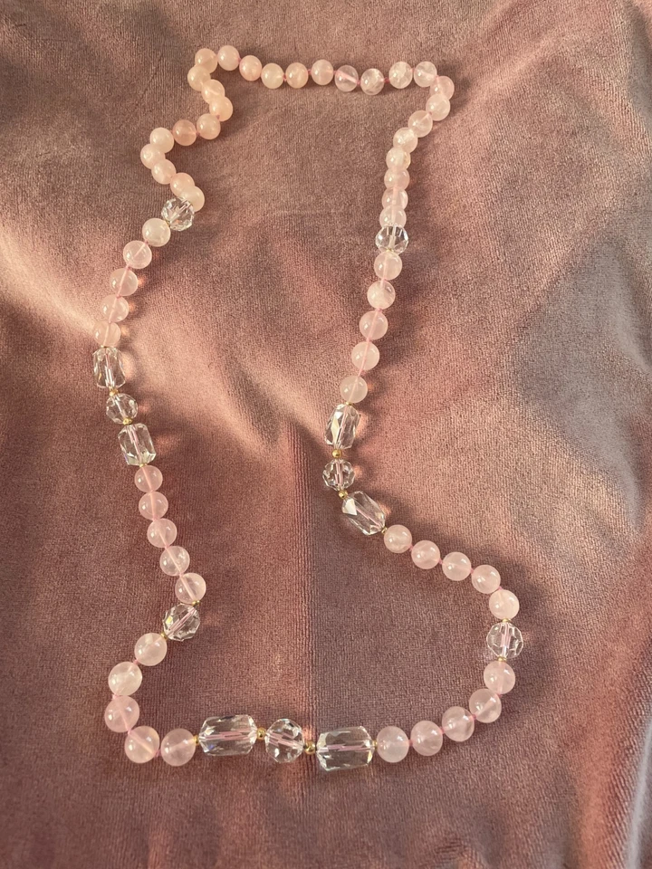 Vintage Beautiful Pink Rose Quartz and Clear Faceted Crystal Beads 34" Long  - Image 3 of 4