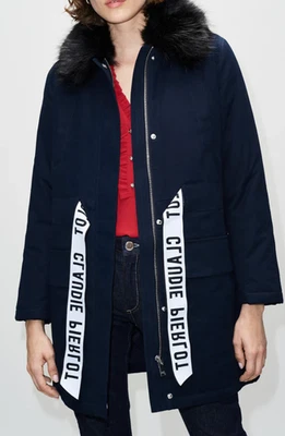 Claudie Pierlot Paris Damen Parka Dunkelblau Fellkragen Logo Gr 34 XS Luxus - Bild 1 von 4