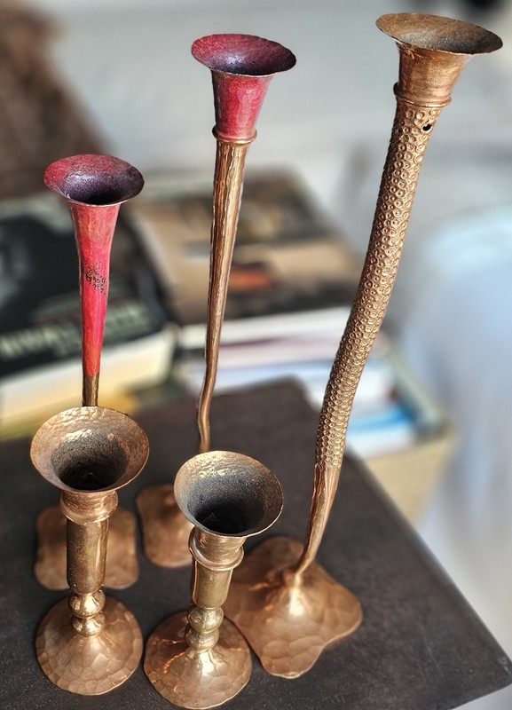 Hessel Studios Hand Hammered Copper Candlesticks & Bud Vases  Set of 5 Signed