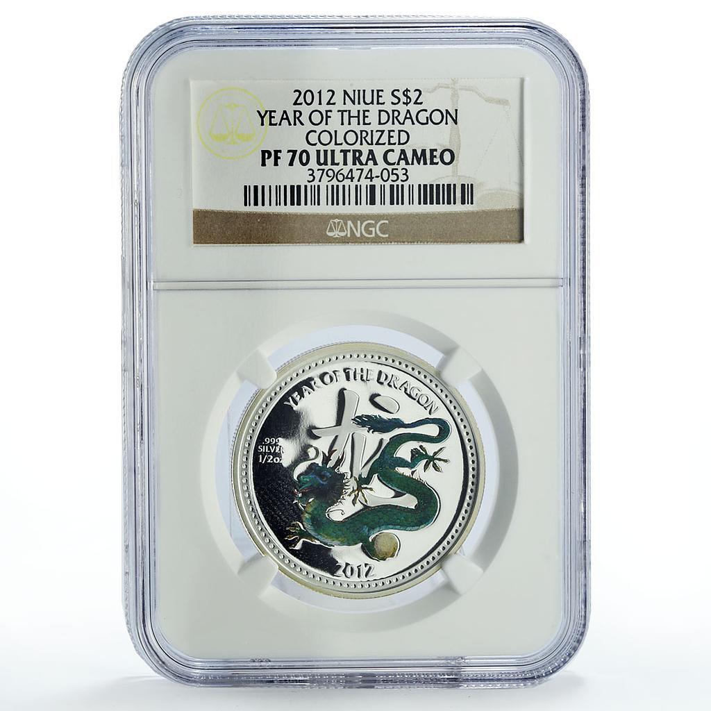 Niue 2 dollars Lunar Calendar Year of the Dragon Green PF70