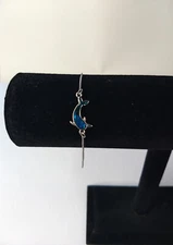 Silver Tone Dolphin Bracelet Adjustable Blue Stone Inlay Beach Summer Vacation