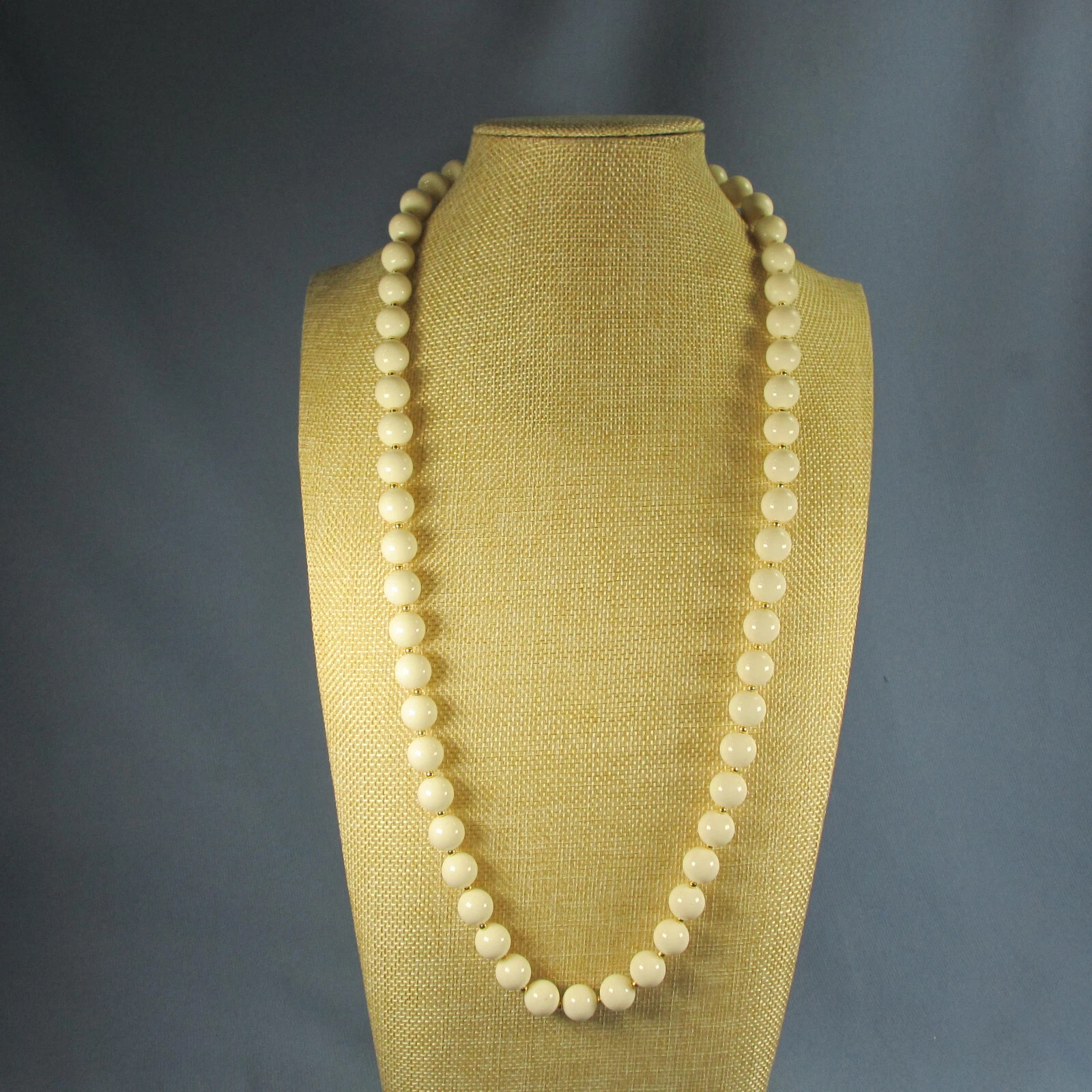 OFF WHITE Vintage Marvella Necklace Glass Bead Off White G Tone Spacer Beads 31 inch
