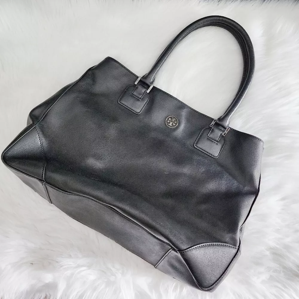 Tory Burch Hudson Bay Robinson Leather Tote Black Silver Hardware