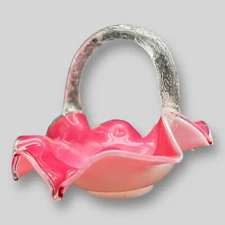Vintage Fenton Art Glass Dark Pink and White Clear Crystal Handle Basket