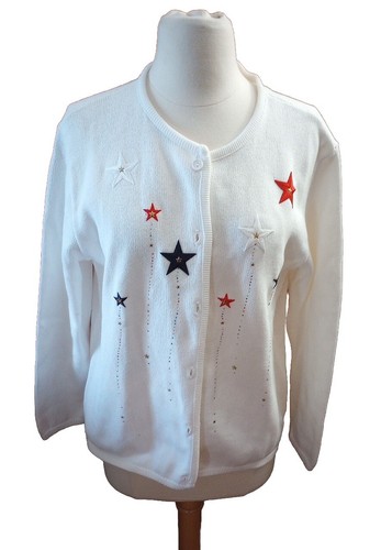 TIA Designs Cardigan Women's M Stars And Stripes Red White Blue Sweater