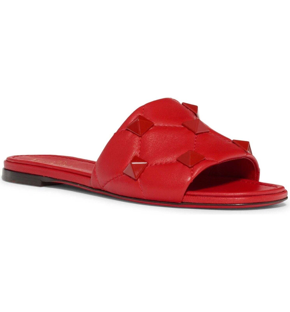 Valentino Rockstud Roman Stud Red Leather Quilted Slide Slip On Flat Sandal 37