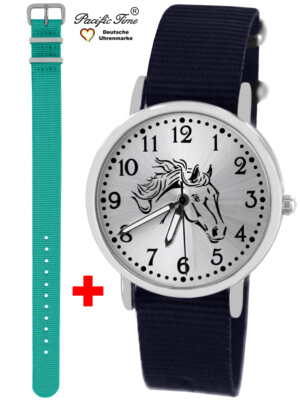 Armbanduhr Mädchen Pferd Pferdemotiv Kinderuhr Nylonarmband blau