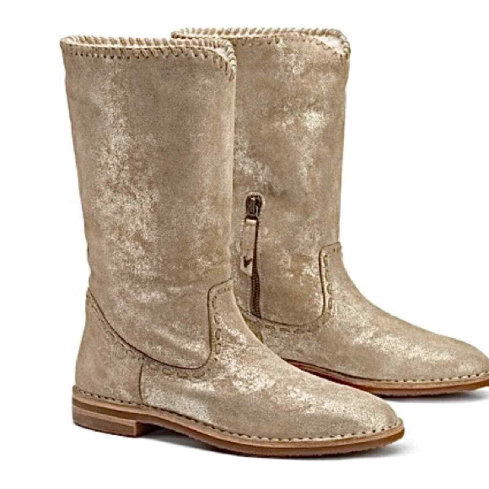 NIB Trask Audra Taupe Tan Metallic Suede & Genuine Shearling Lined Boot Size 9