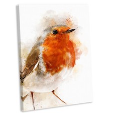 Robin Portrait Watercolour Style Canvas Print British Bird Wall Art Picture