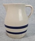 Vintage Robinson Ransbottom Roseville Pottery Pitcher 6” Tall Cream Navy Stripe