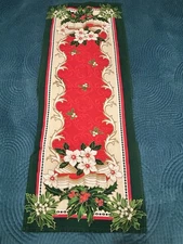 Vintage Christmas Cotton Table Runner Red & Green W Holly Berries - Vibrant