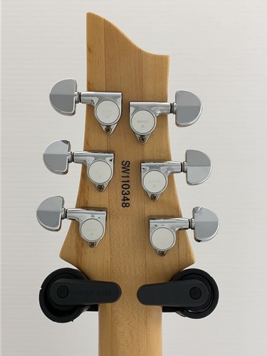Six silver SCHECTER PA-SW/TH/See-Thru electric guitar tuning pegs with black rubber SW110348 label on back.