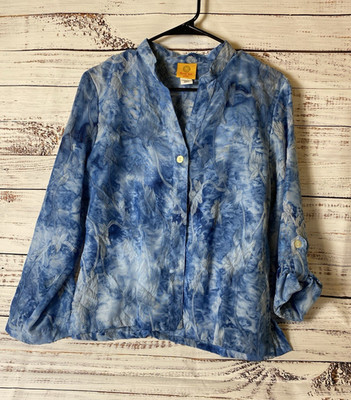 Ruby Rd. Women's Blue Floral Woven V-Neck Button Front Blouse 3/4 Sleeve 12P