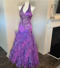 NWT Elegant Purple Halter Sequins Evening Dress Prom Military Pageant Women Sz M
