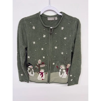 Croft & Barrow Christmas Cardigan Women PS Green Snowman Embroidered Cottagecore - Image 1 of 4