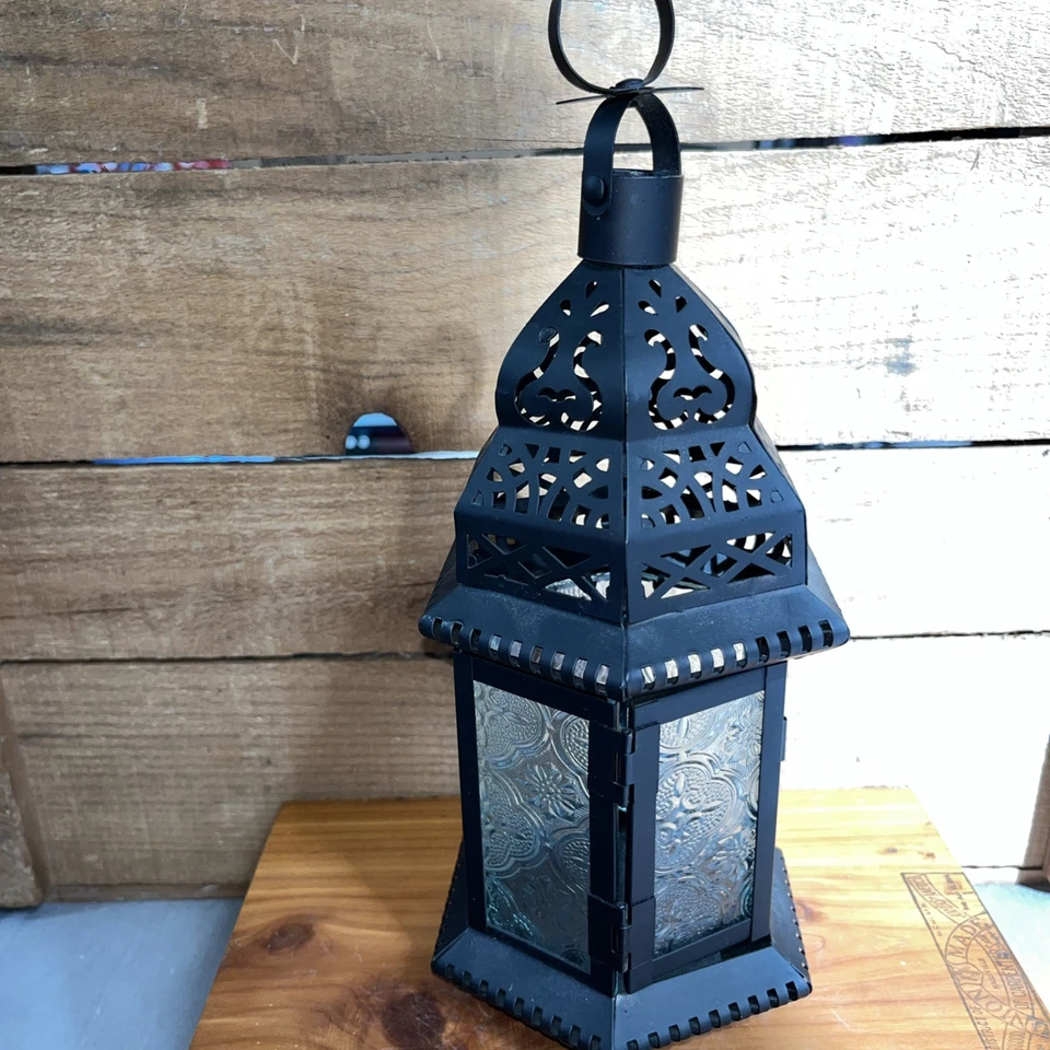 Moroccan Black Metal And Clear Glass Hurricane Candleholder 11” Tall 5” Wide - Image 2 of 4