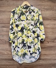 K&D London Floral Shirt Dress Tunic Top White Yellow Tropical Print UK 8