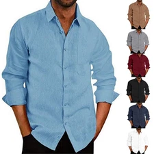 Mens Plain Long Sleeve Shirt Blouse Button Down Casual Loose Work Office Top