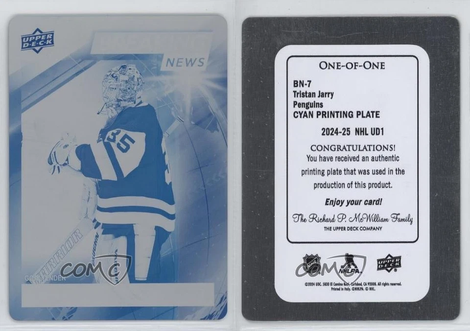 2024 Upper Deck Series 1 Breaking News Printing Plate Cyan 1/1 Tristan Jarry 3d2 - Image 3 of 3