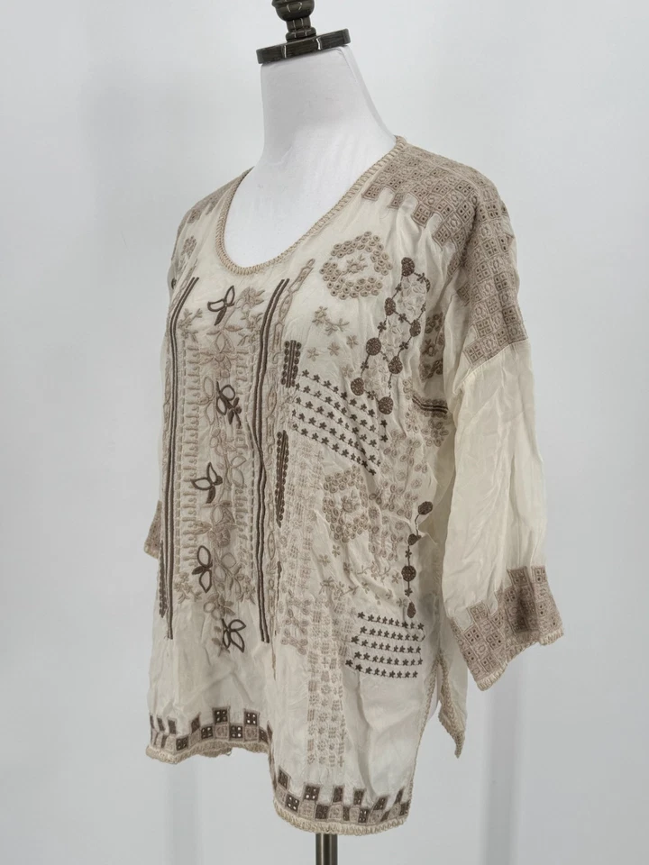 Top túnica Johnny Was color tostado bordado manga 3/4 talla S Foto 2 de 4