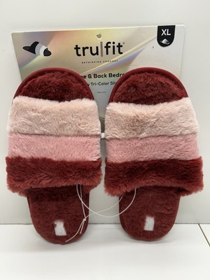 New Women s Trufit Fluffy Faux Fur Open Toe Slippers Burgundy/Pink Size 9-10