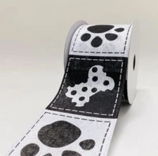 Black White Doggy Bones Paw Print Wired Ribbon 2.5" Dog Paws Bone 2 1/2" By Yard
