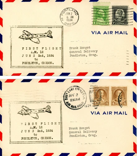 2 First flight covers to Pendleton OR on June 2, 1934 with unusual features
