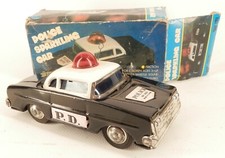 "Police Sparkling Car" Black/White Tin Cop Car Vintage Friction Power China 5.5"