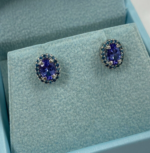 Boucles d'oreilles clous ovales 1 carat violet bleu tanzanite halo diamant or blanc 14 carats - Photo 3 sur 6