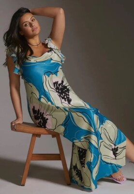 chinese dress ladies Anthropologie Floral Printed Ruffle Maxi Long Dress  White Chocolate  Couture
