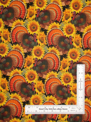 Thanksgiving Turkey Fabric Sunflowers Turkeys Cotton Traditions 30 ...