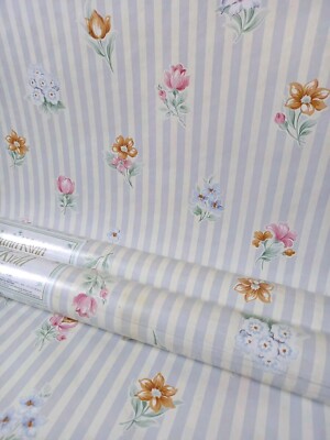 X2 90er Vintage SHAND KYDD Tapetenrollen Blume Retro Floral Cottagecore Streifen