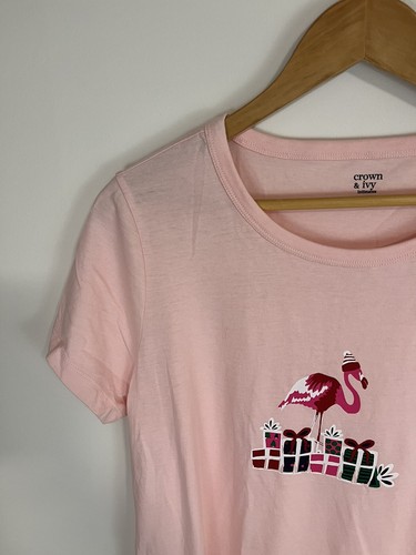 Crown And Ivy Intimates Flamingo Christmas Winter Shirt Large Light Pink - Picture 4 of 11
