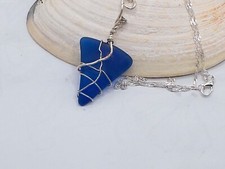 Sea glass OPAQUE SKY BLUE beach glass hand wire wrap Pendant Necklace 20"