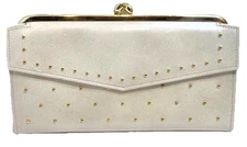 VTG Princess Gardner Kisslock Wallet Pearl White Leather Gold Studded Envelope