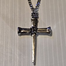 NAIL CROSS Pewter Pendant Charm /18"-24" STAINLESS CURB CHAIN NECKLACE