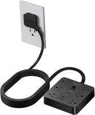 Black Surge Protector Power Strip, Flat Plug Extension Cord 5 FT with 6 Outlets 